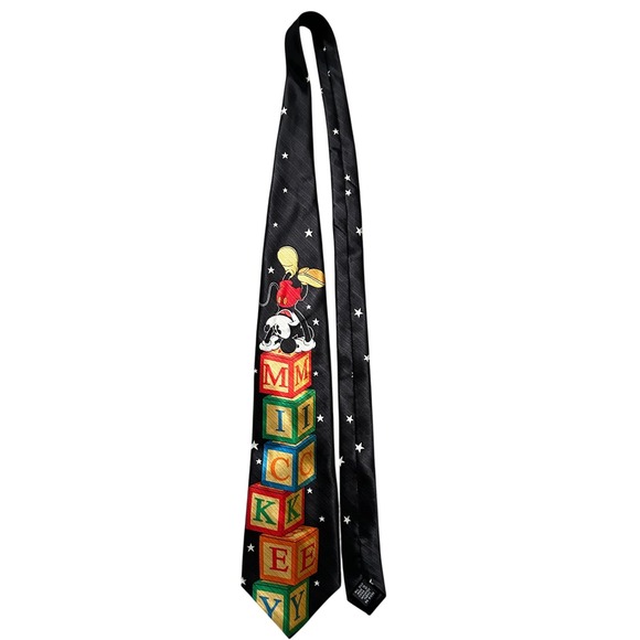 Mickey Unlimited Disney Tie Blocks Stars Black Silk Necktie Men's - Picture 1 of 6